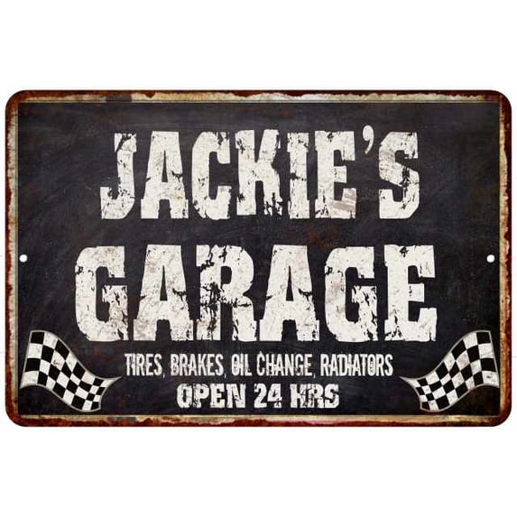 JACKIE'S Garage Black Grunge Sign 12 x 18 Matte Finish Metal 112180005296