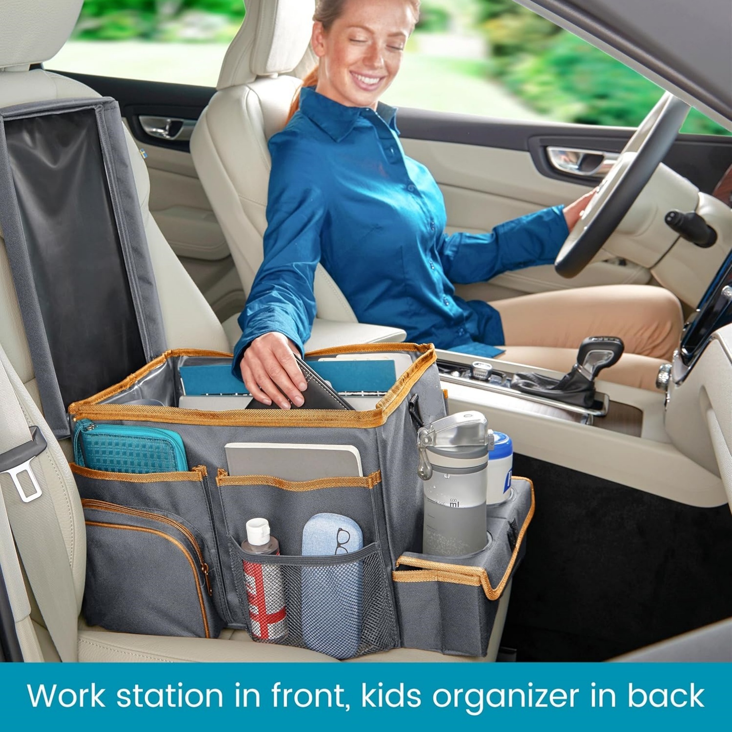 Car Organizer With Cooler - Back Seat Organizer for Kids or Front Seat Organizer for Drivers with Cup Holder Bin, Tray Top and Storage Pockets