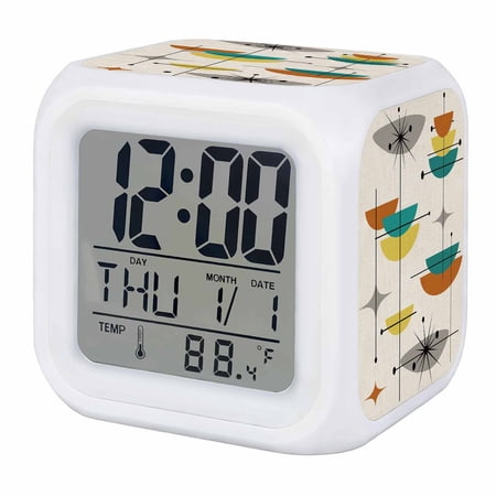 Boho Teal Yellow Orange Grey Digital Alarm Clock for Bedrooms,Smart LED Alarm Clock with 7 Color Changing Night Light,Middle Century Geometric Silent Wake Up Clocks for Sleep Study Cooking 3.2x3.2