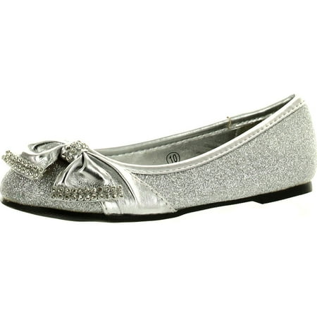 

Lasonia Girls Flat Shoes with Bow and Rhinestone Accent Silver 3