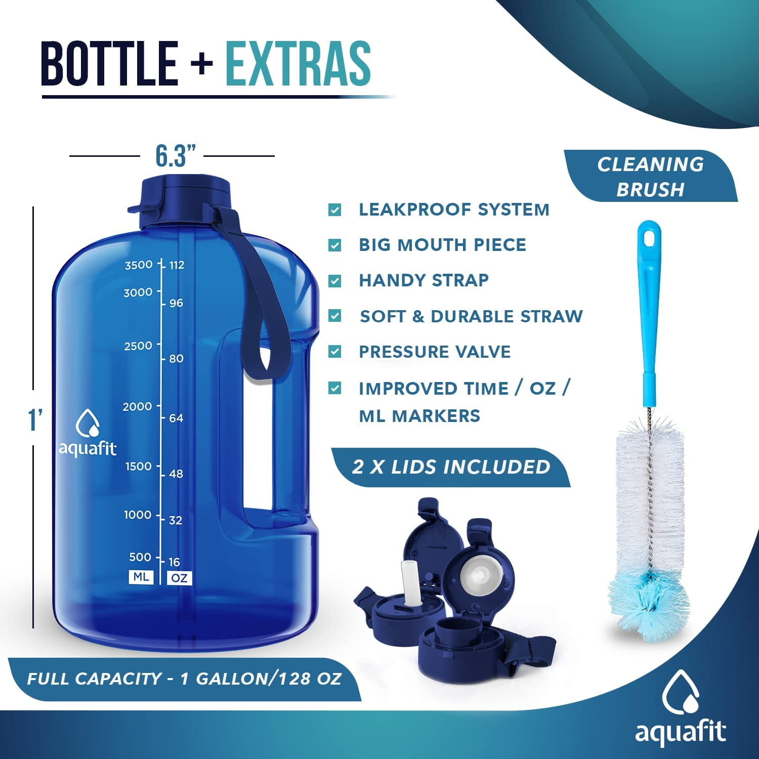 AQUAFIT - Water Bottle with Straw - Motivational Big Water Bottle with Time Marker - 1 Gallon, Dark Blue