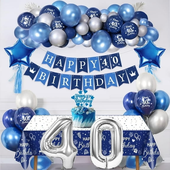 40th Birthday Decorations Men, Navy Blue Silver 40th Birthday Party Decorations with Happy Birthday Banner and Star Foil Balloons, Royal Blue Balloon Arch Kit Birthday, Metallic Blue Silver Balloons