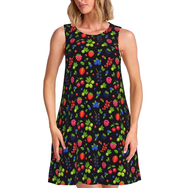 Fotbe Berries Vestido de Verano sin Mangas para Mujer – Vestido Midi Línea A, Estilo Camiseta Floral, Vestido Playero Casual y Fluido