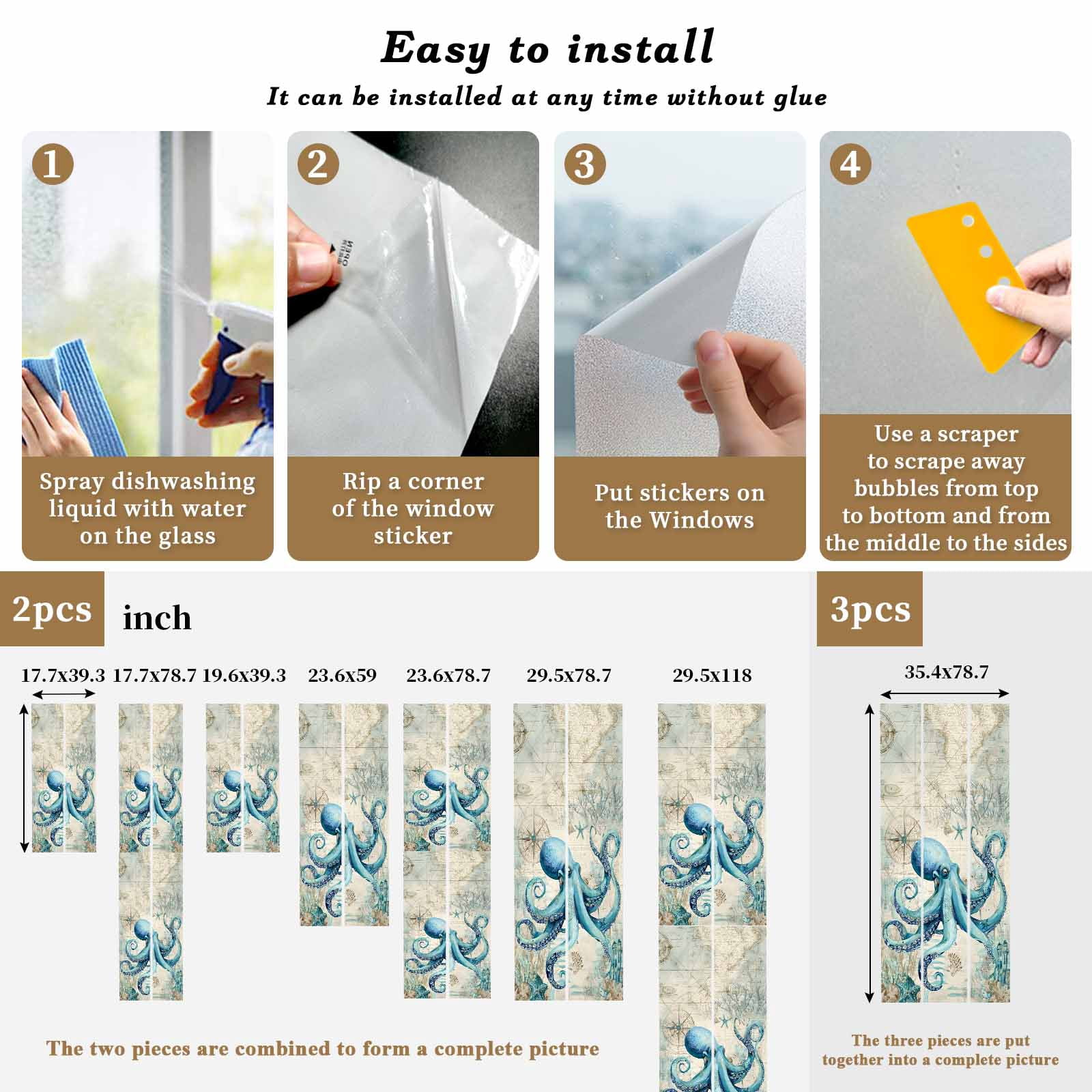 Summer Nautical Window Privacy Film, Teal Octopus Ocean Corals Compass Retro Brown Frosted Glass Window Clings Static Cling UV Heat Blocking Reusable Door Sticker for Bathroom 23.6 x 59 Inch