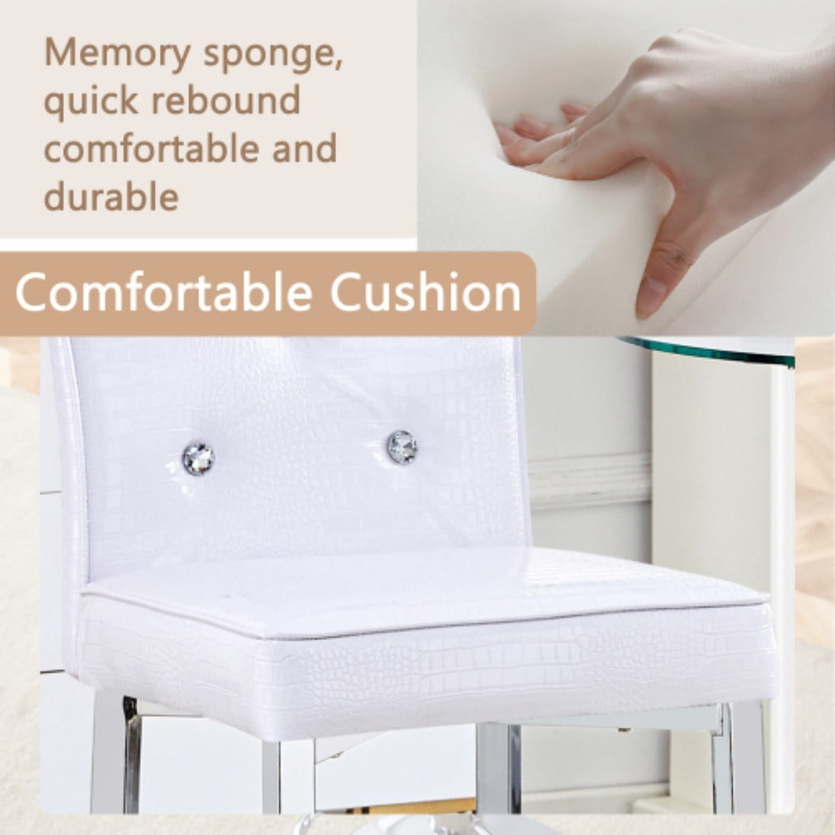 Set of 2 Vintage Bar Chairs, Faux Crocodile Leather Upholstered Stools with Crystal Button Details, Adjustable Feet for Kitchen Island & Bar, White & Silver