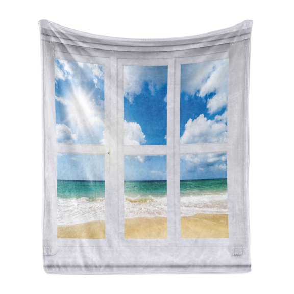 Beach Soft Flannel Fleece Throw Blanket, Beach House Window Overlooking Ocean View Sunshine and Sandy Cloudscape, Cozy Plush for Indoor and Outdoor Use, 70" x 90", Blue Teal Sand Brown, by Ambesonne