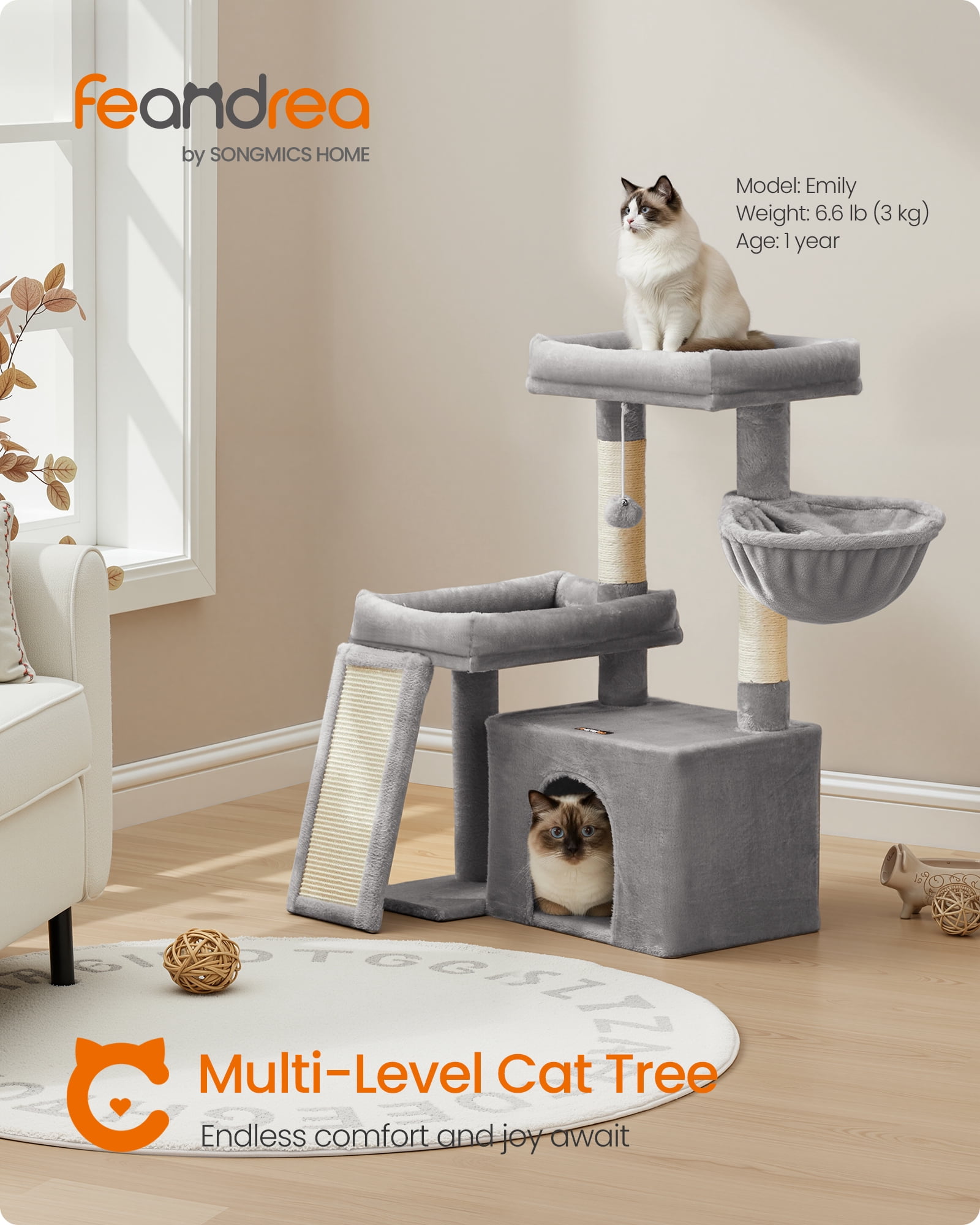 Feandrea Cat Tree, Cat Tower Condo with Scratching Posts and Ramp, 2 Large Perches, Cave, Basket, 33.8 Inches Tall, Dove Gray