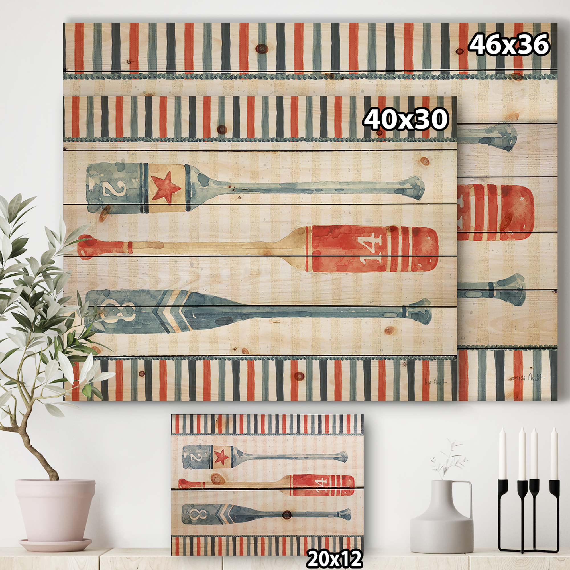 Designart 'Watercolor Nautical paddles' Nautical & Coastal Print on Natural Pine Wood