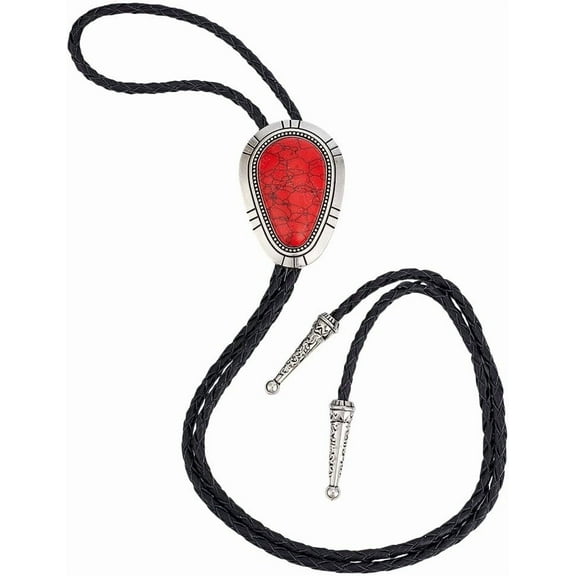 Western Cowboy Bolo Tie Necklace Genunie Leather Braid Necktie Necklace with Turquoise Stone Red