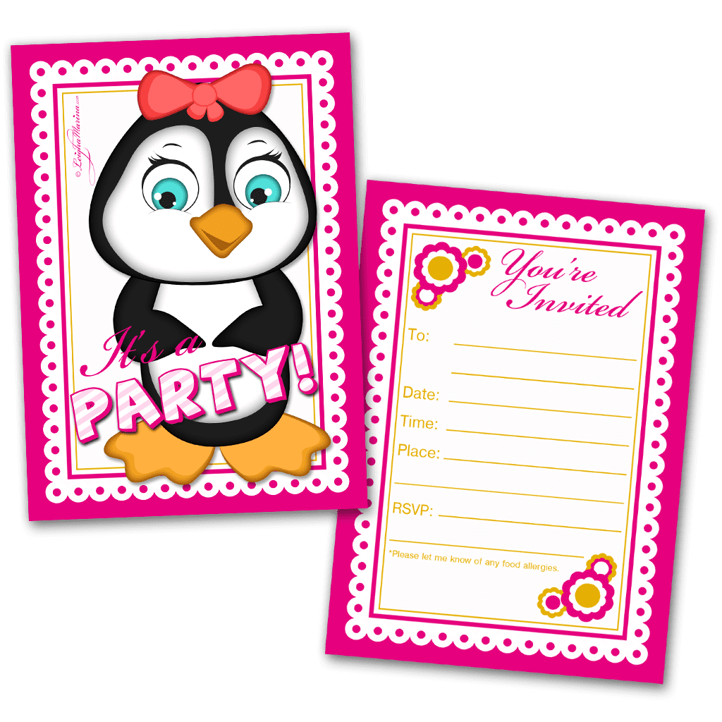 Girl Penguin Party Invitation Cards for Kids, 20 Invites & 20 Envelopes