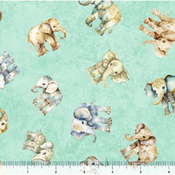 Cotton Kindred Spirit Elephants Animals Africa Bohemian Light Teal Quilting Treasures Cotton Fabric Print by the Yard (2600-30675-H)