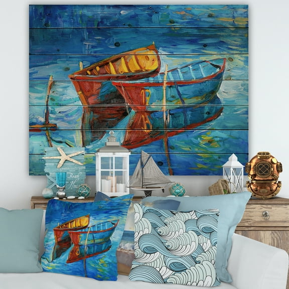 Designart 'Boat At The Lake During Evening Glow III' Nautical & Coastal Print on Natural Pine Wood