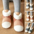thumbnail image 4 of Opvise Womens Socks 1 Pair Floor Shoes Socks Knitted Color Block Fuzzy Plush Lining Non-slip Silicone Keep Warm Cozy Winter Thermal Women Men Indoor Home Slipper Socks for Daily Pink, 4 of 7