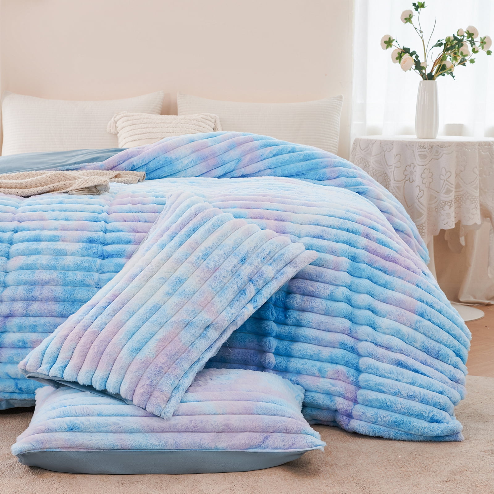 ZRNBAST Fluffy Twin Comforter Set, Tie-dye Pink Blue Plush Fleece Bedding Sets, Super Soft Faux Fur Bed Set with Zipper, Luxury Fuzzy Comforter with 2 Pillowcases(Pink Blue,Twin)