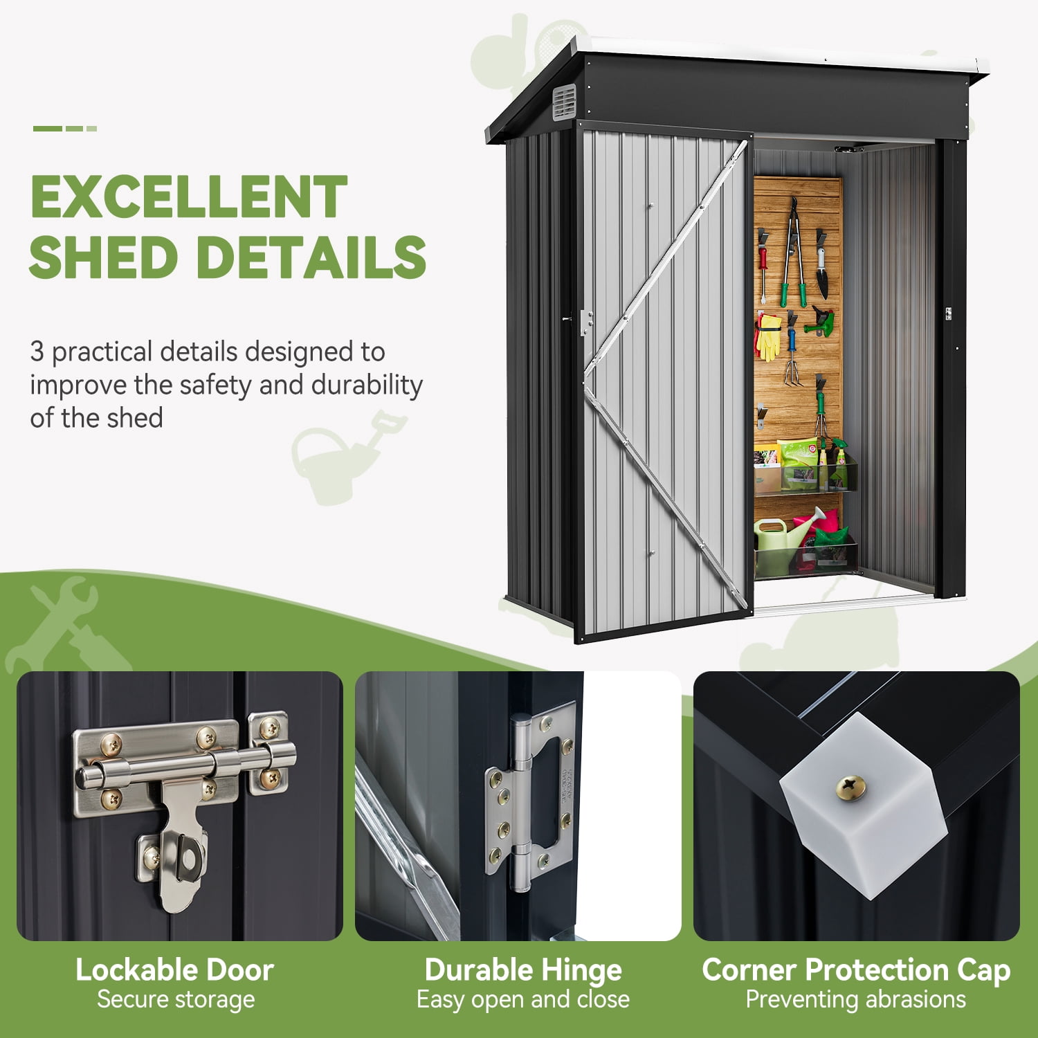 Bapipro 5' x 3' ft Storage Shed, Outdoor Shed with Lockable Door for Garden, Black