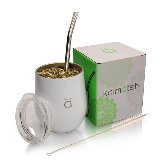 Kalmateh Yerba Mate Gourd- Modern 8 oz Mate Cup with BPA Free Lid- Double Walled 18/8 Stainless Steel - Includes Bombilla and Cleaning Brush (White)