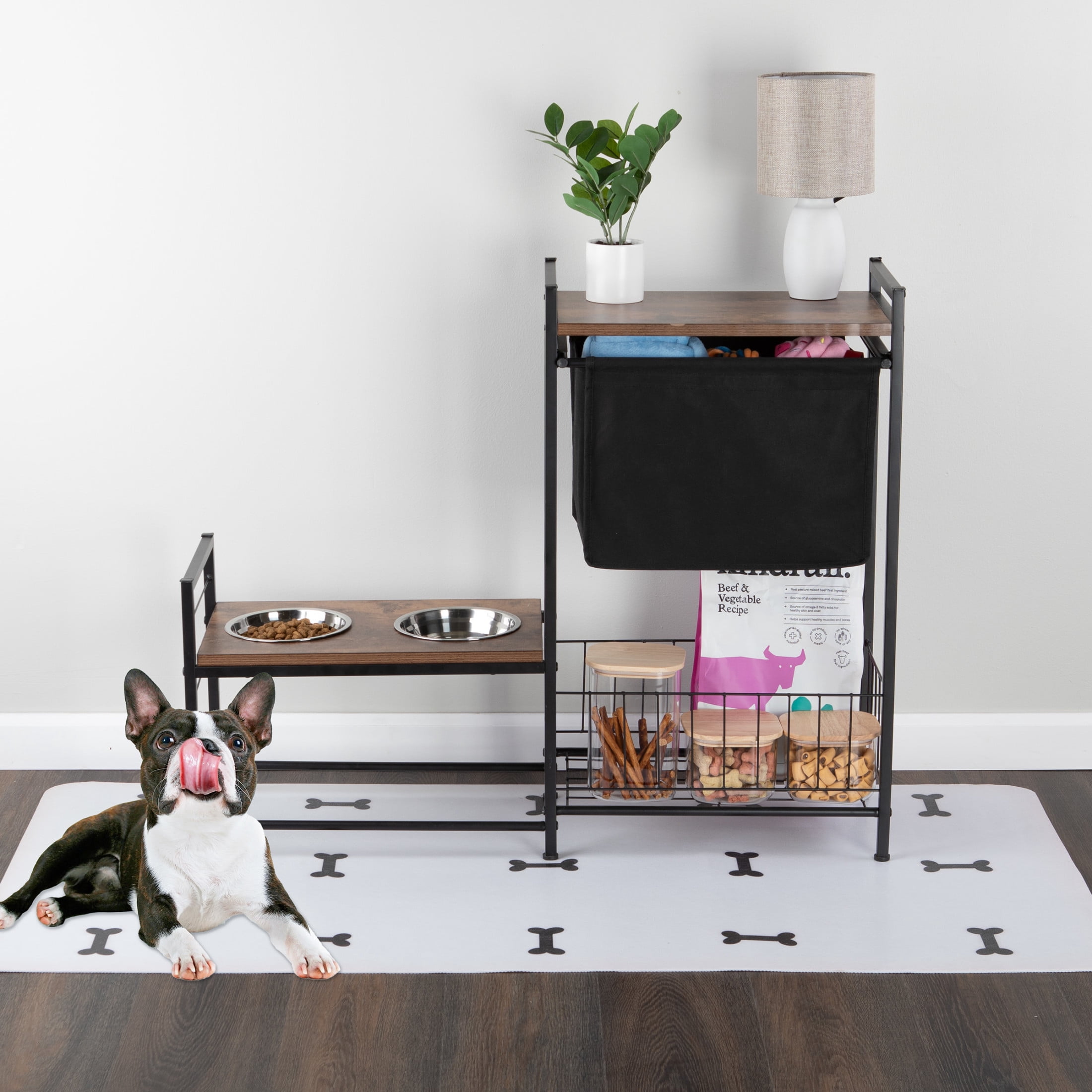 PETMAKER Elevated Dog Bowl Stand with Storage, Toy Bin Basket, and Bowls