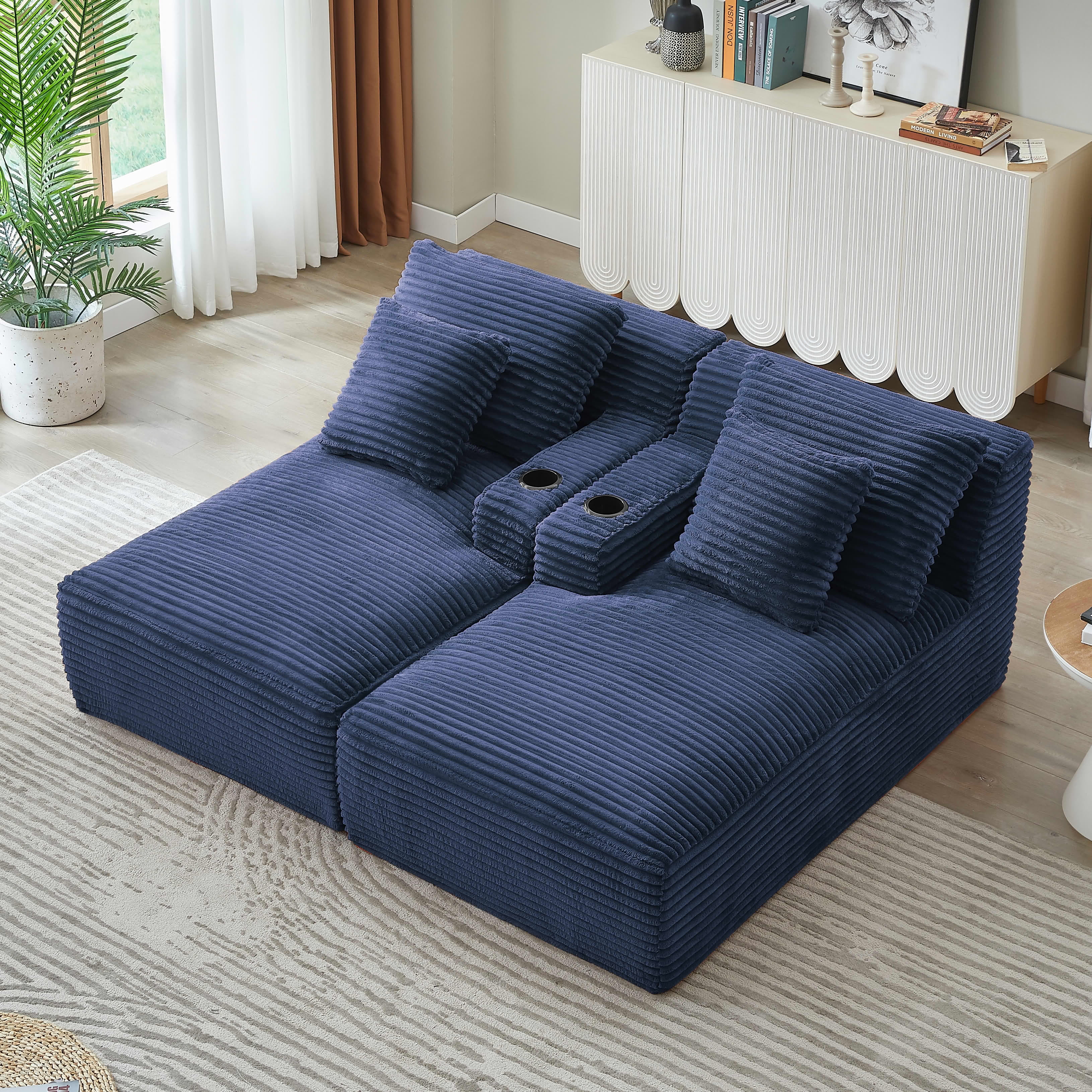 MAYEERTY Corduroy Double Chaise Lounge Sleeper with Cupholders, Spring Padding for Living Room Bedroom, Blue