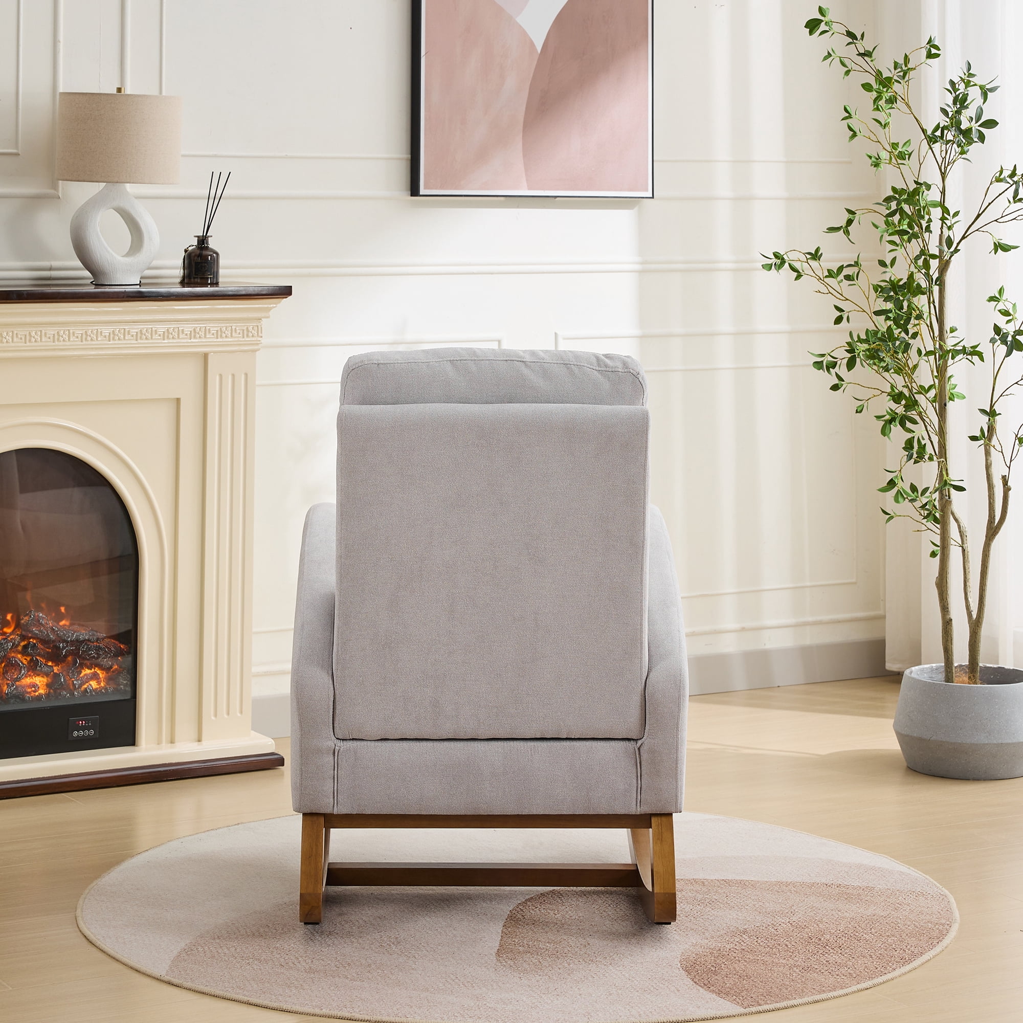 27.2"W Rocking Chair for Nursery, Polyester Glider Chair with High Back and Side Pocket, Rocking Accent Armchair with Rubber Wood Legs for Living Room/Bedroom.Light Gray