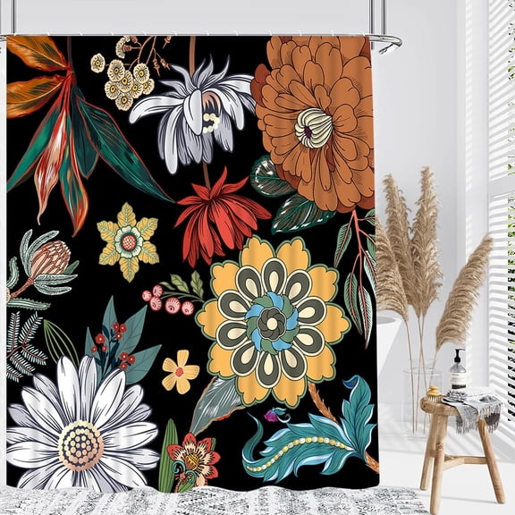 Boho Floral Shower Curtain Flowers Black Vintage Mid Century Abstract Botanical Colorful Waterproof Fabric 72x72 Inch,Modern Abstract Colorful Bathroom Decor