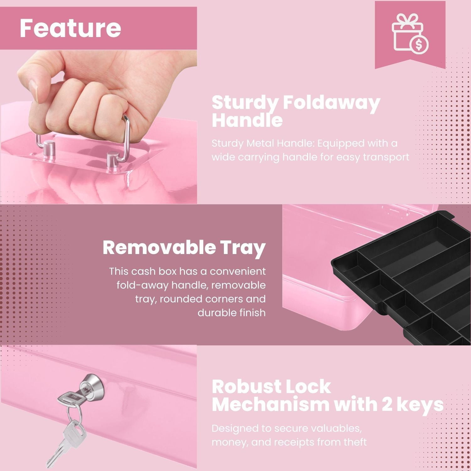 Cash Box with Money Tray, 2 Keys, Pink Security Lock Box with Removable 9 Compartment Tray Steel Construction Cashier Drawer Money Safe Storage for Currency Bill Check Jewelry, Small Portable