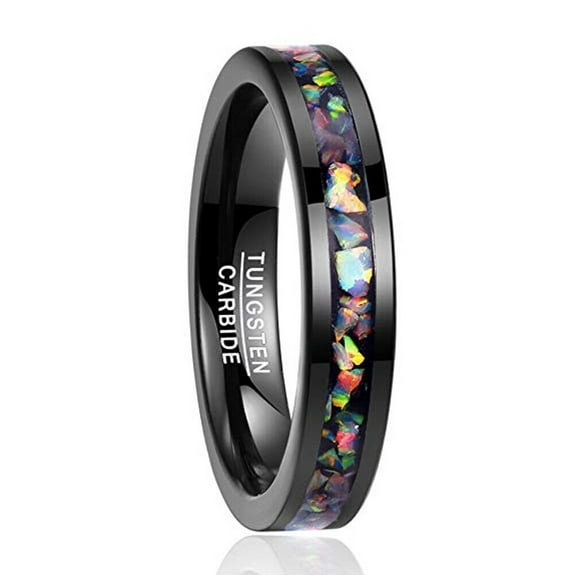 Wedding Ring Women 5mm Black & Rainbow Opal Inlay Tungsten Band.