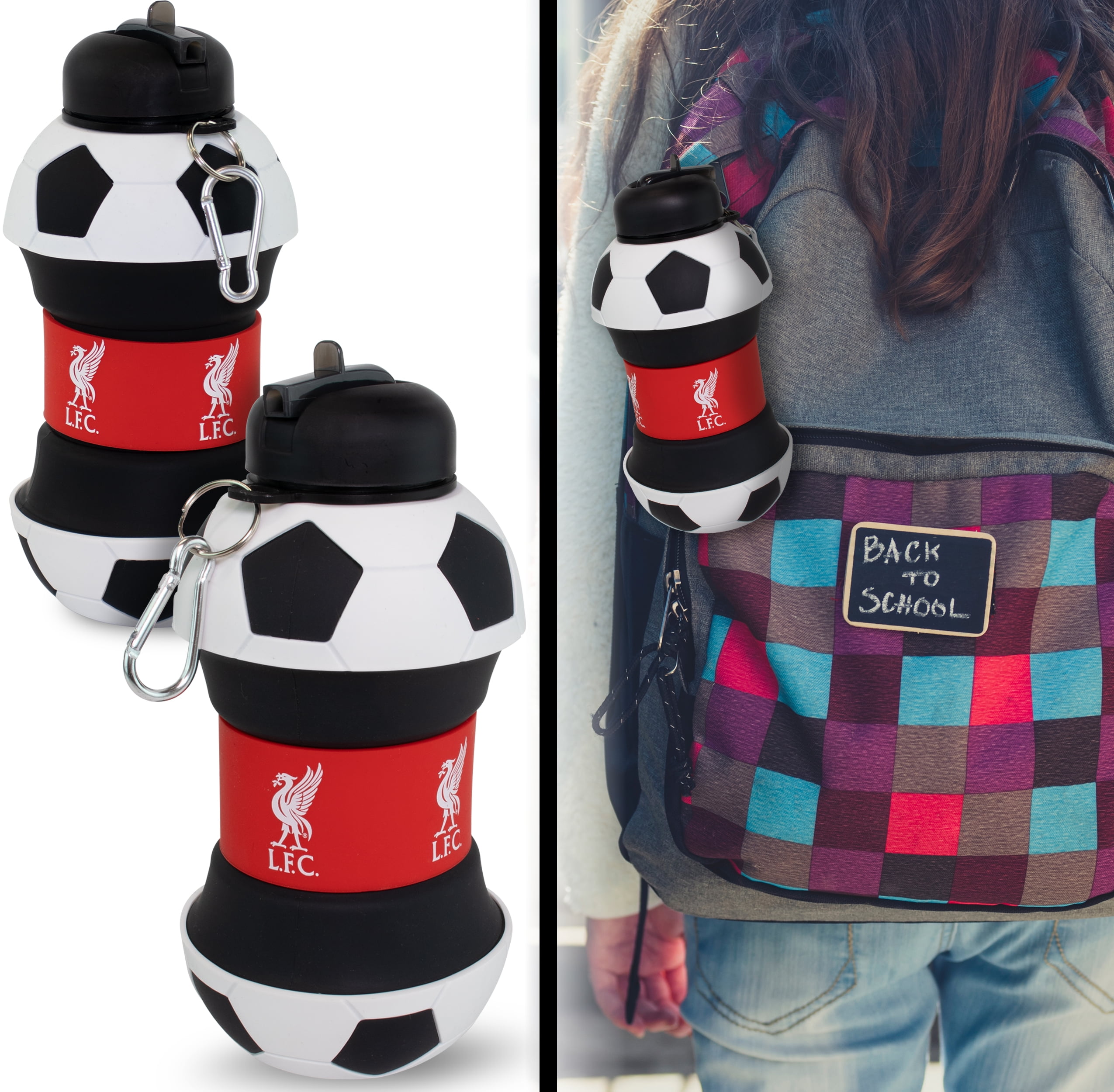 MACCABI ART Liverpool Clip-On Collapsible 1 Liter, 34 oz. size BPA-Free Silicone Soccer Large Water Bottle for Kids