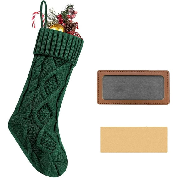 Personalized Christmas Stockings 18” DIY Leather Patch Knit Stockings Xmas Stockings for Family Fireplace, Hanging Christmas Socks Holiday Decor for Party Home (GREEN)