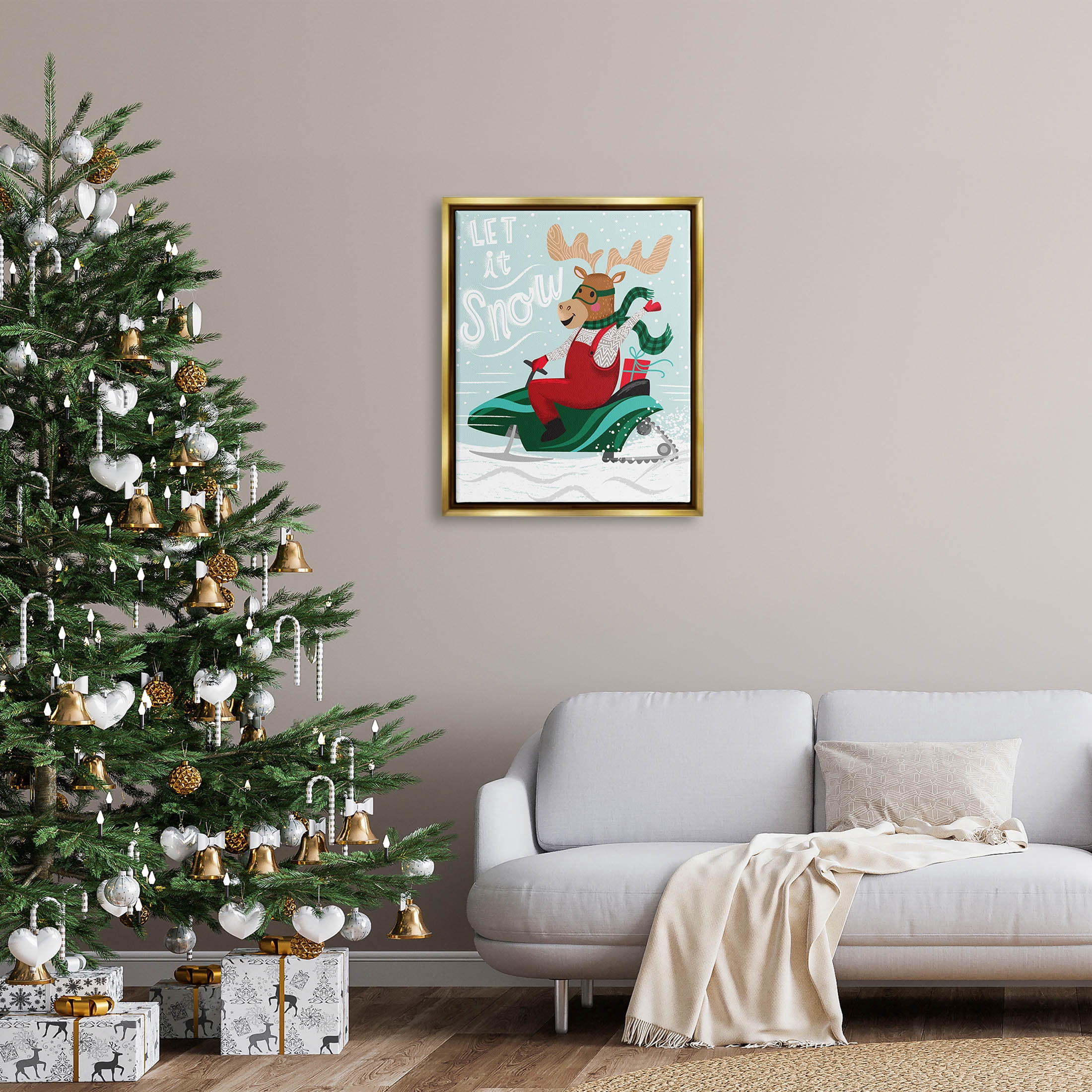 Let It Snow Moose Sleigh Holiday Graphic Art Metallic Gold Framed Art Print Wall Art