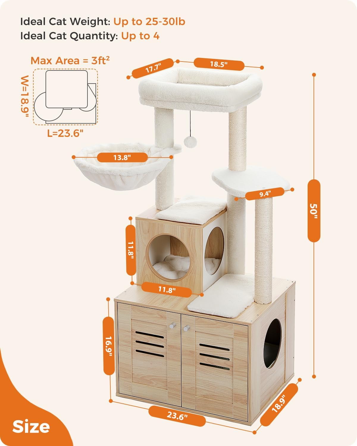 Cat Tree with Litter Box Enclosure, 50" Modern Cat Tree for Large/Fat Cats with Cat Condo, Wooden Cat Furniture with Large Hammock and Top Perch, Beige
