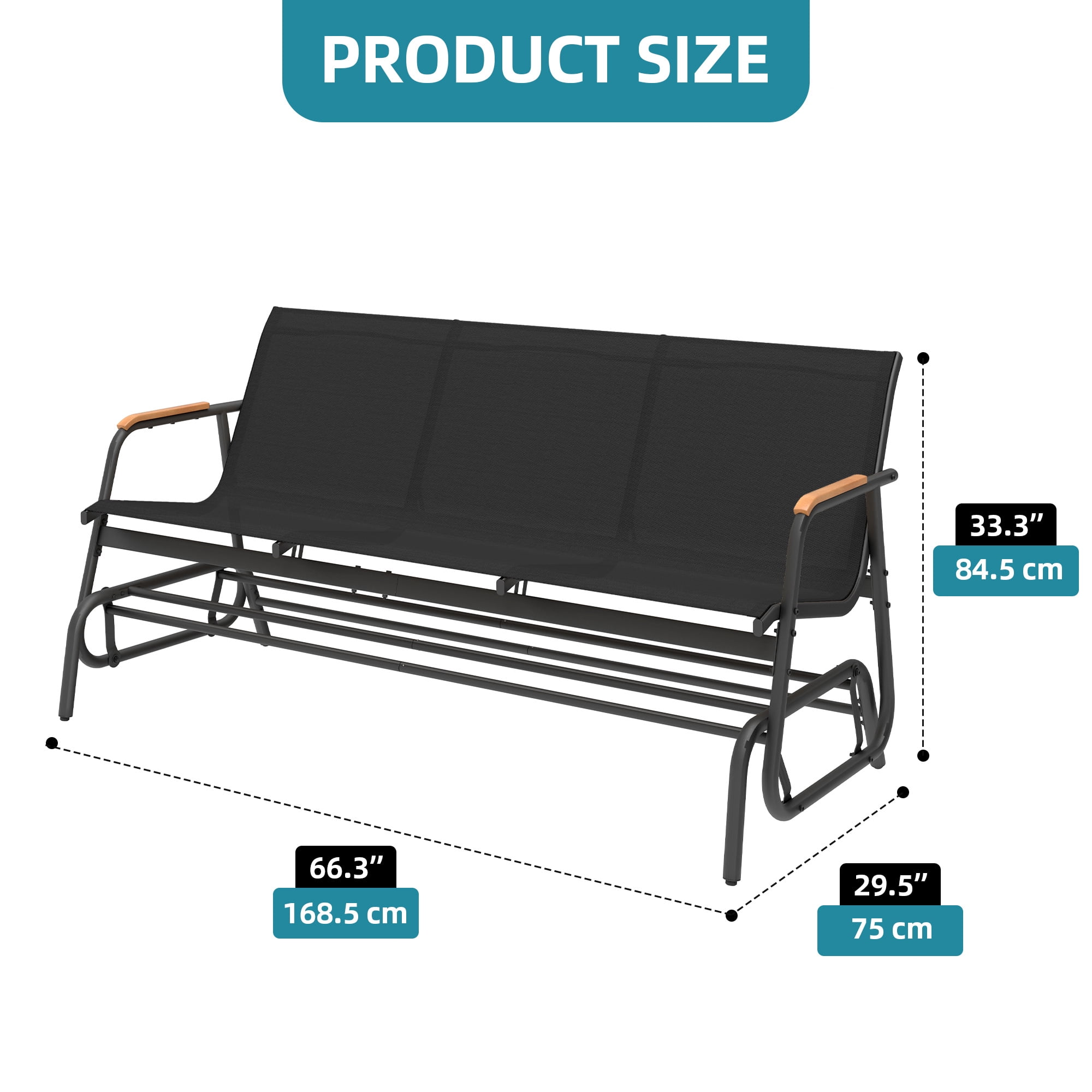 Uforic 3-Seat Patio Glider Bench, Outdoor Porch Swing with Breathable Textilene Mesh Fabric, Black