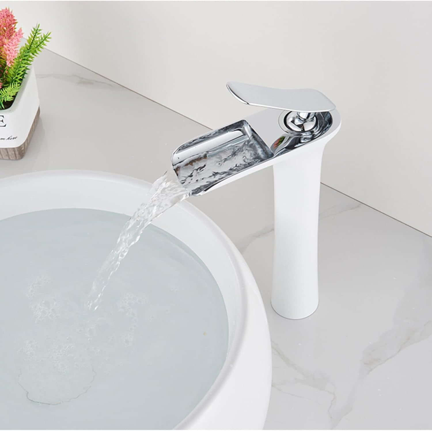 Bathroom Faucet Waterfall, Hot and Cold Sink Mixer Tap Faucet, Solid Brass, Waterfall Single Handle Bathroom Sink Faucet Tall, White Gold