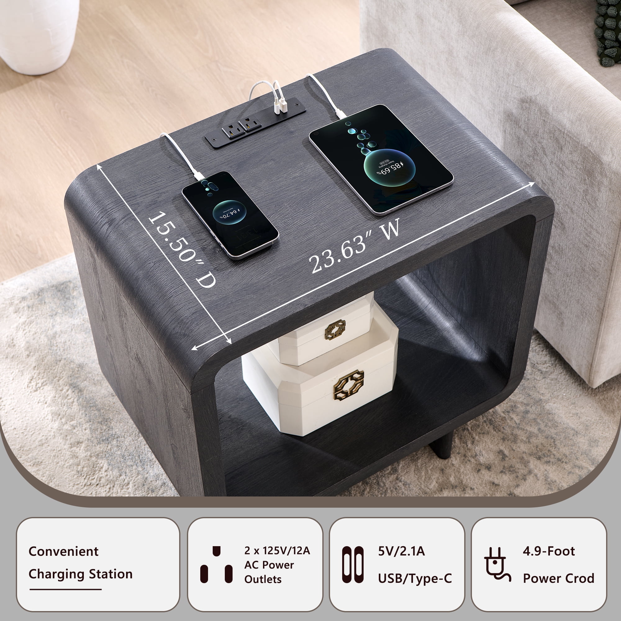 SinCiDo End Table with Charging Station, 23.6" Modern Bedside Table with Open Storage Shelf, Nightstand for Bedroom Living Room
