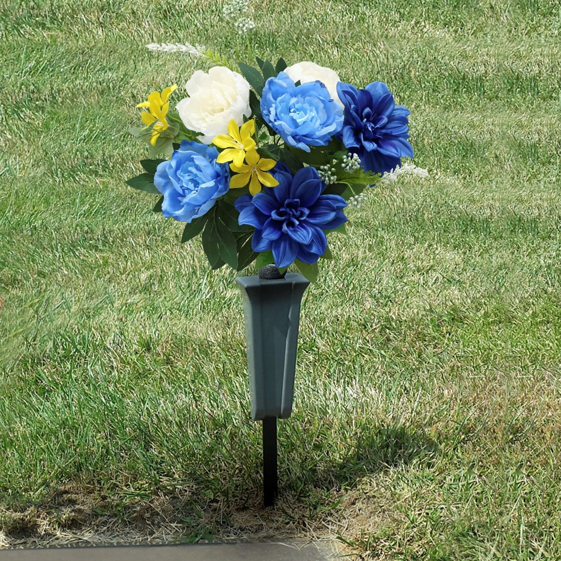 Mainstays 20 in Blue Peony Mixed Cemetery Bouquet, Artificial Flowers for Indoor/Outdoor Use