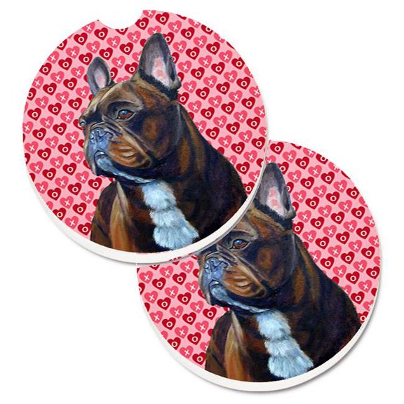 French Bulldog Hearts Love & Valentines Day Portrait Set of 2 Cup Holder Car Coaster