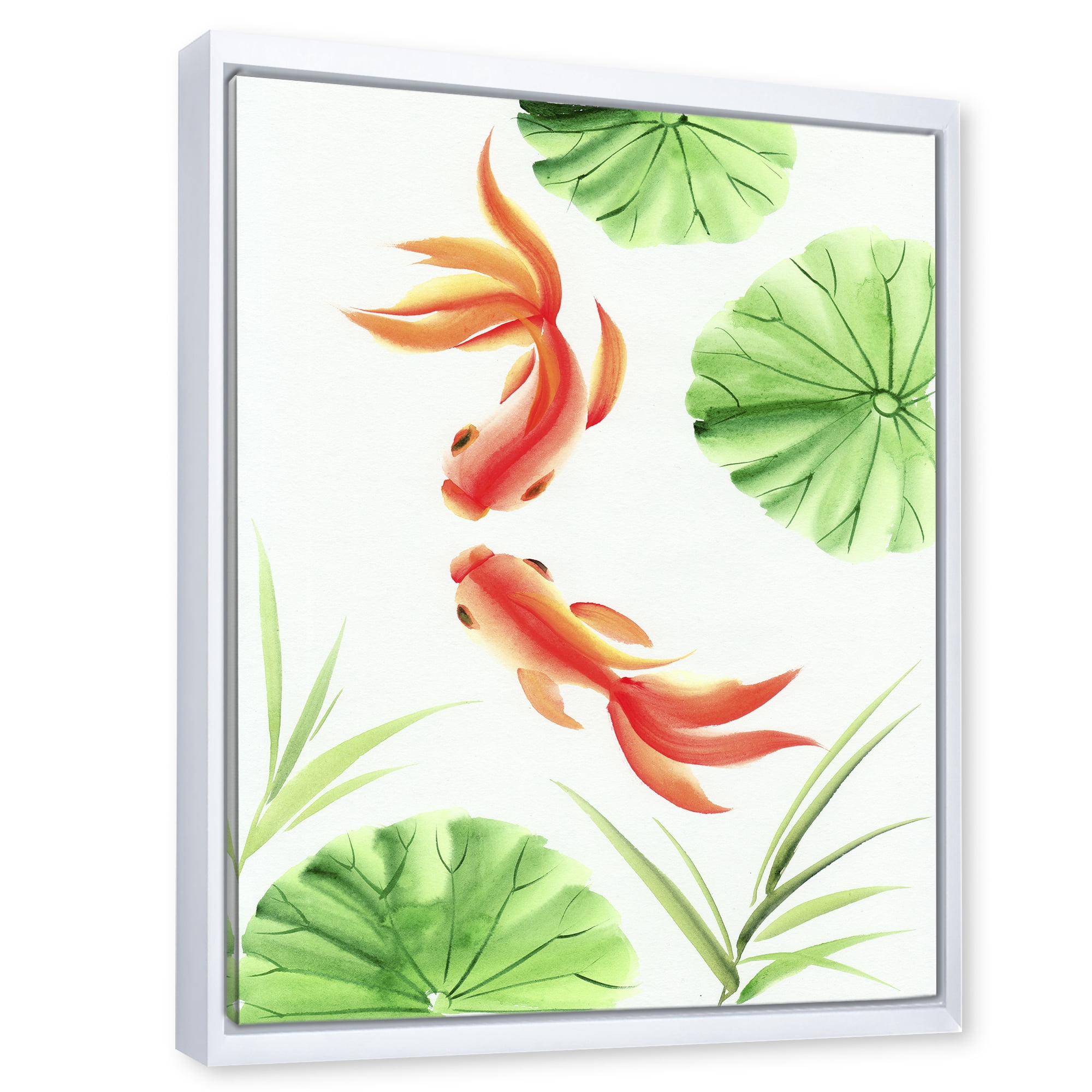 Designart 'The Lotus Leaves With Goldfishes' Nautical & Coastal Framed Canvas Wall Art Print
