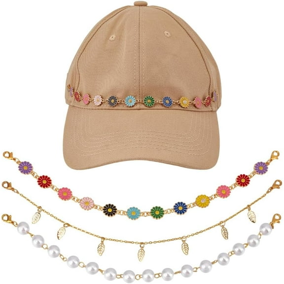 3 Styles Trucker Hat Chains 10inch Alloy Leaf & Enamel Flower & Plastic Pearl Baseball Cap Chain with Golden Alloy Lobster Claw Clasps Hat Bill Decoration Baseball Cap Accessories