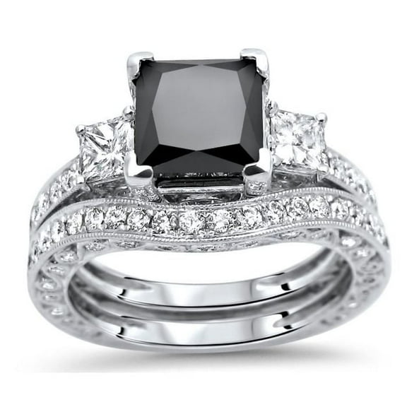 NYS Jewellers Princess Cut Black Diamond Engagement & Wedding Ring Set 2.60 ct. t.w. 925 Sterling Silver, 14K White Gold Plated