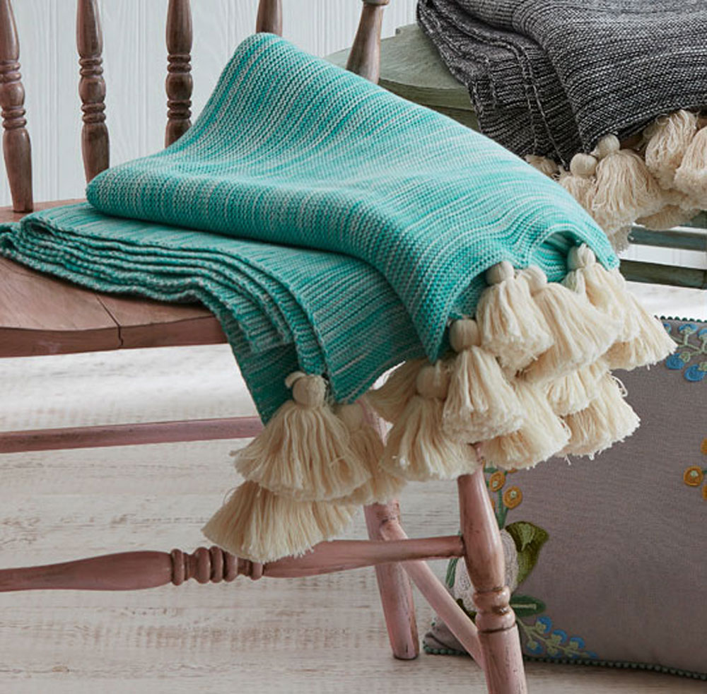 Turquoise Blue and Off White Cotton Striped Throw Blanket with Tassels
