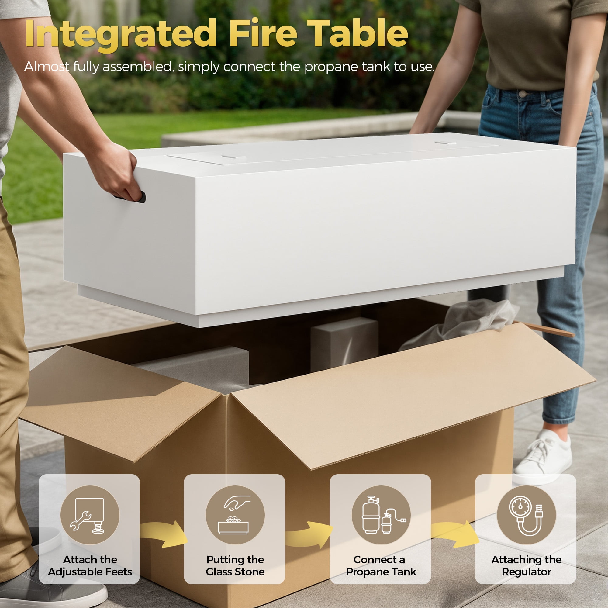 RADIATA 42” Rectangle Fire Pit Table, Dual Fuel Propane & Natural Gas Outdoor Firepit with Tank Table, 50000 BTU, Light Gray
