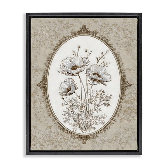 Stupell Industries Traditional Vintage Floral Sketch of Poppies Black Floating Frame Canvas Art, 17 x 21, by Ink Drop Loft