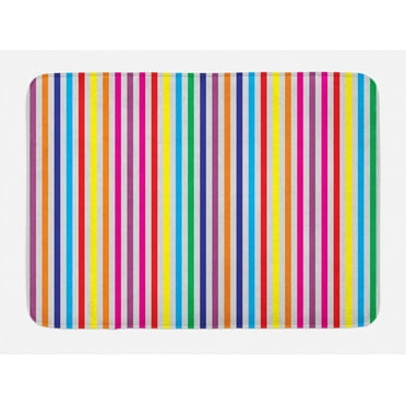 Colorful Bath Mat, Vibrant Rainbow Colored Vertical Stripes Pattern on White Background Illustration, Plush Bathroom Decor Mat with Non Slip Backing, 29.5" X 17.5", Multicolor, by Ambesonne