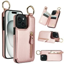 Allytech Wallet Case for iPhone 14, Card Holder & Zipper Pocket, Finger Grip Ring, Screen & Camera Protection, Luxury PU Leather Kickstand Double Buttons Flip Shockproof Case - Rosegold