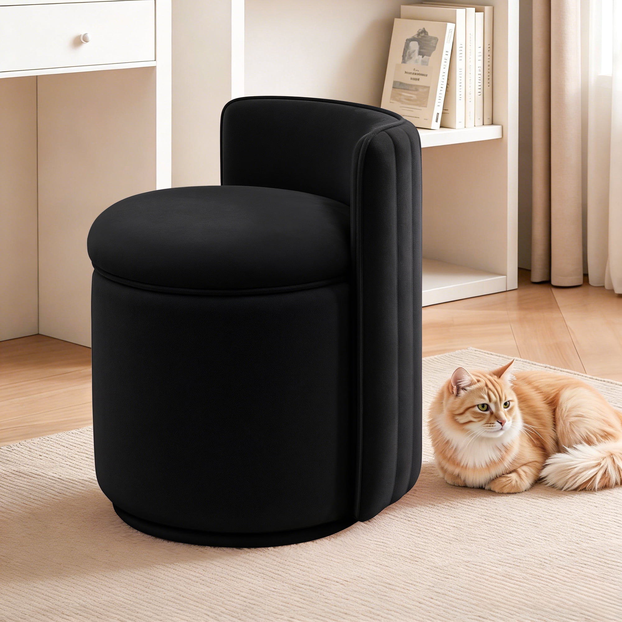 ATHOPE Vanity Chair with Storage, Velvet 360° Swivel Chair with Back, Modern Round Upholstered Bedroom Chair, Comfy Makeup Chair for Dressing, Living Room, No Assembly Required, Black