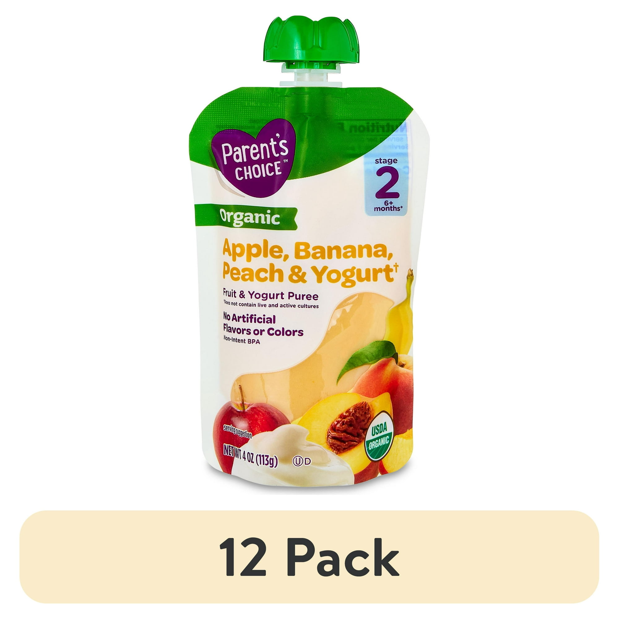 (12 pack) Parent's Choice Organic Stage 2 Baby Food Apple, Banana, and Peach Fruit and Yogurt Puree, 4 oz Pouch