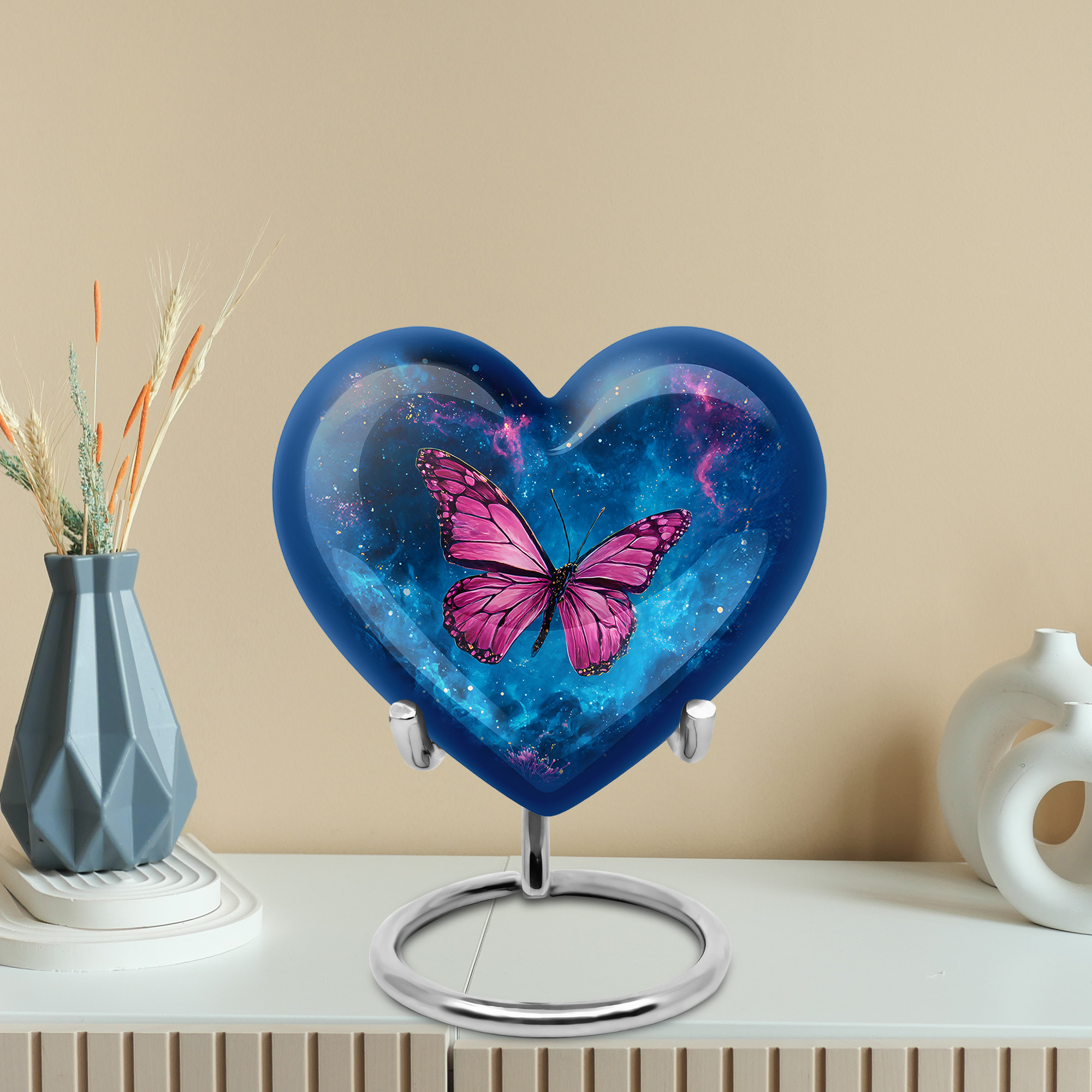 MUKTIVE Purple Butterfly Funeral Urn for Ashes for Women, Burial Galaxy Urns for Adult Male, Decorative Keepsake Heart Blue Urns for Human Ashes, Cremation Urn for Mom & Dad, 3 inch