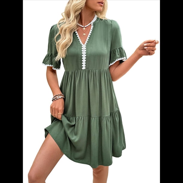 Vestido Camisero Holgado con Escote en V para Mujer, Estilo Babydoll, Corta, Corte Recto, Informal, Minivestido de Verano 2025. Verde S
