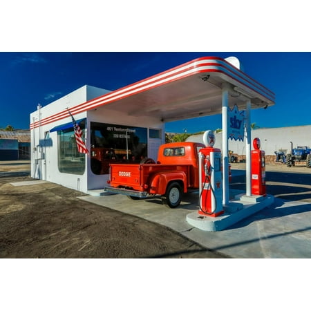 Red Dodge Pickup truck parked in front of vintage gas station in Santa Paula, California Print Wall (Best Mobile Home Parks In California)