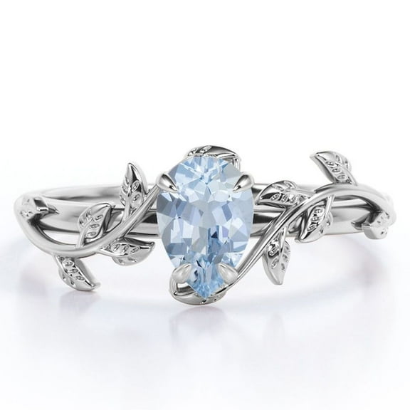 JeenMata Botanical Design - 1 Carat Pear Cut Seafoam Created Aquamarine - 4 Prong Engagement Ring - 18K White Gold Plating over Silver