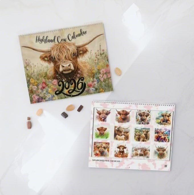 Brainybites Clearance 2026 Highland Cow Wall Calendar, Watercolour Cows Monthly Planner Scottish Wall Art Decor